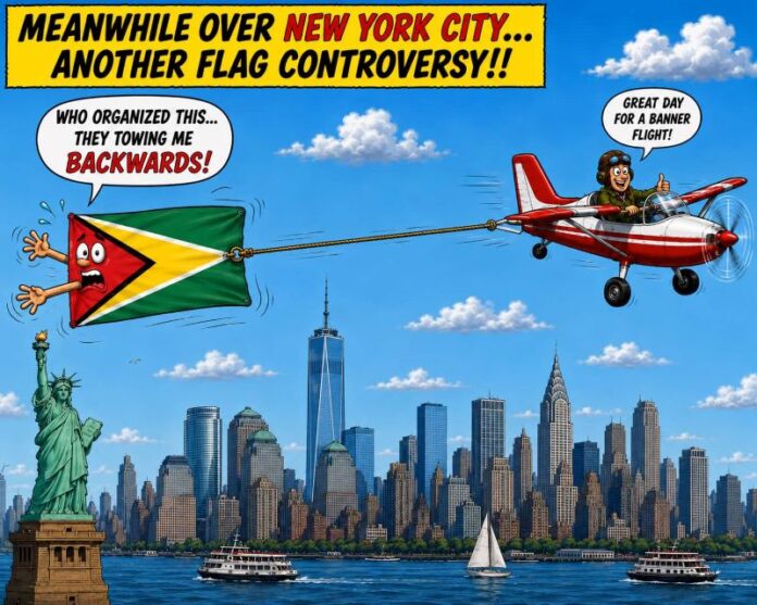Golden Arrowhead flying over New York City